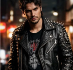 Male model wearing black studded leather biker jacket street style