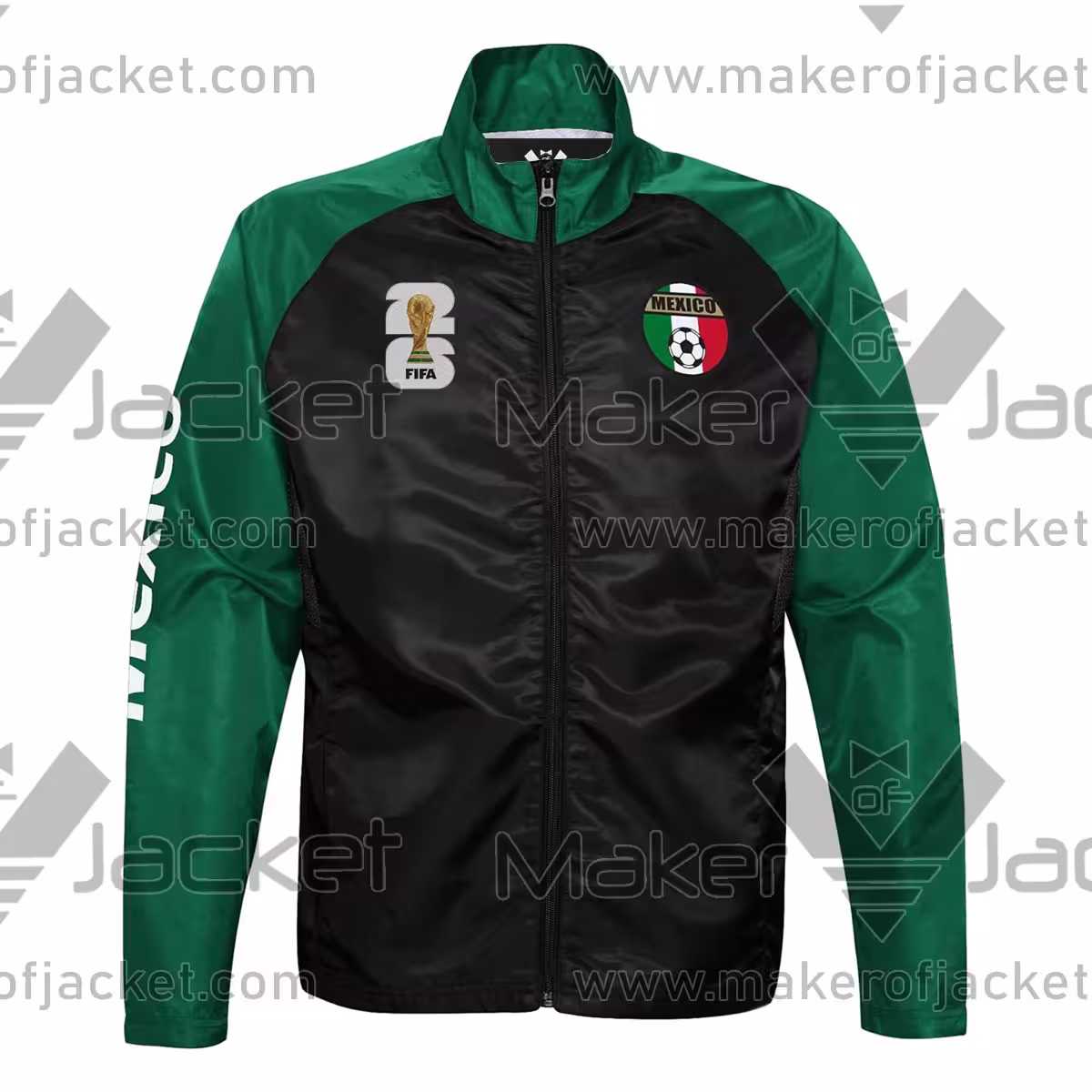 Mexico FIFA World Cup 2026 Training Satin Jacket front in black with team logos and zip-up collar.