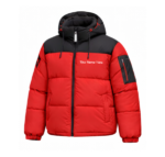 Red and black color-block puffer jacket with hood and front zipper