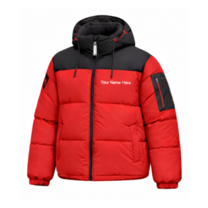 Red and black color-block puffer jacket with hood and front zipper