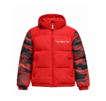 Red puffer jacket with camouflage-pattern sleeves and hood