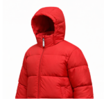 Red puffer jacket with hood up and full front zipper