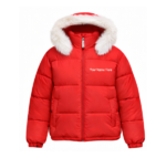 Red puffer jacket with white faux-fur trimmed hood