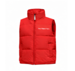 Red sleeveless puffer vest with high collar and front zipper