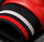 Ribbed cuff detail black red and white varsity jacket