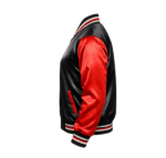Side view black and red satin varsity bomber jacket