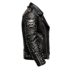 Side view black studded leather biker jacket with skull patch