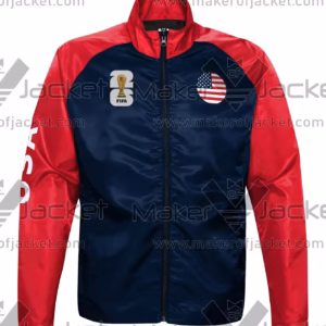 USA FIFA World Cup 2026 Training Satin Jacket front in blue with team logos and zip-up collar.