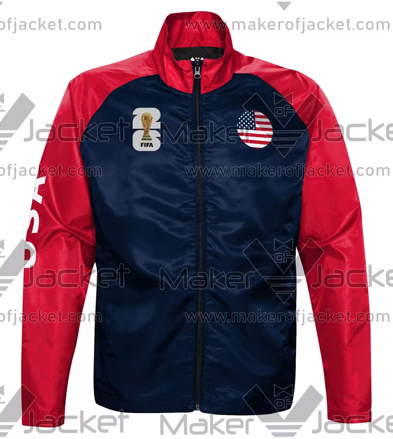 USA FIFA World Cup 2026 Training Satin Jacket front in blue with team logos and zip-up collar.
