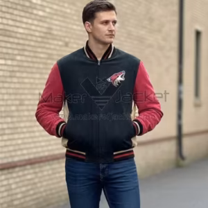 Vintage Arizona Coyotes suede leather varsity jacket front view with rib-knit collar and YKK zipper