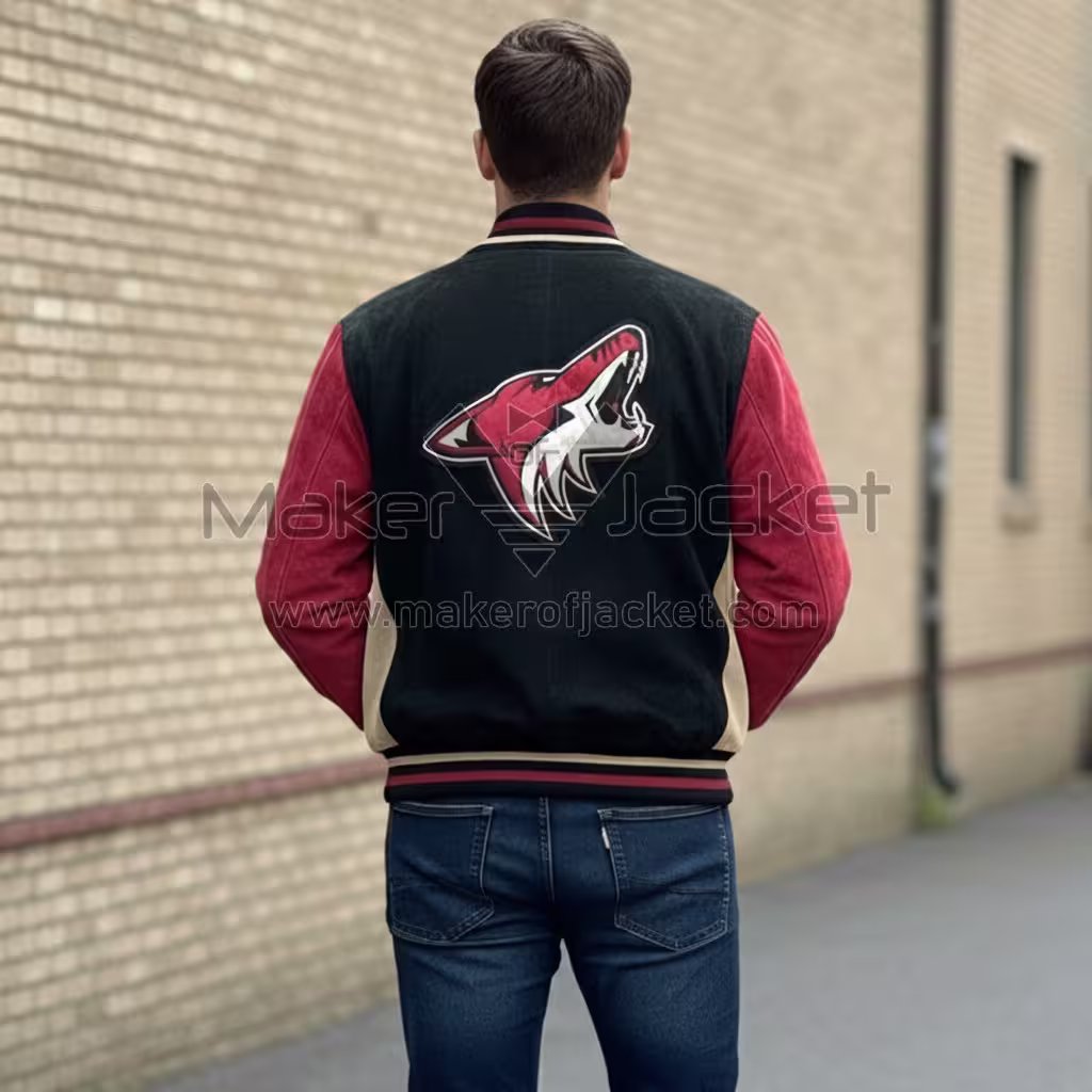 Vintage Arizona Coyotes suede leather varsity jacket back view with large team logo