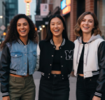 Women wearing cropped denim varsity jackets group photo