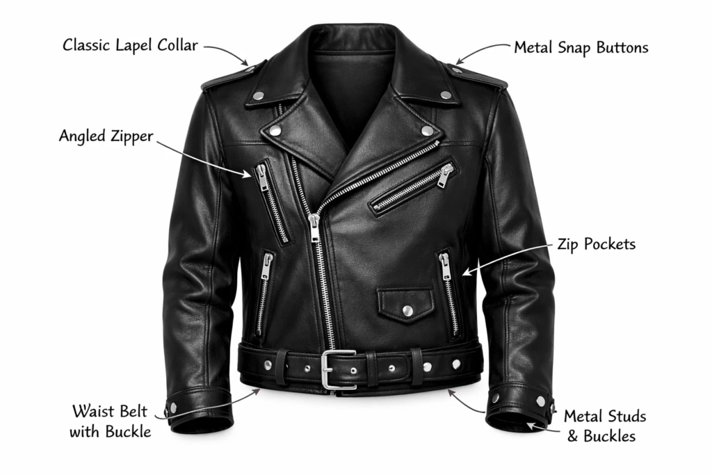 Black leather biker jacket with labeled design features