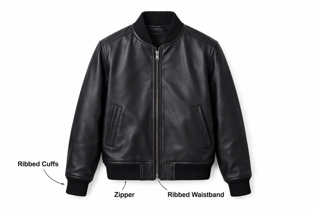 Black leather bomber jacket with zipper and ribbed cuffs
