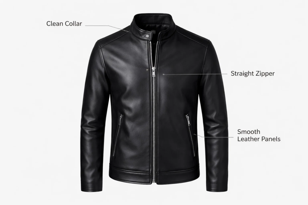Black leather jacket with clean collar and straight zipper