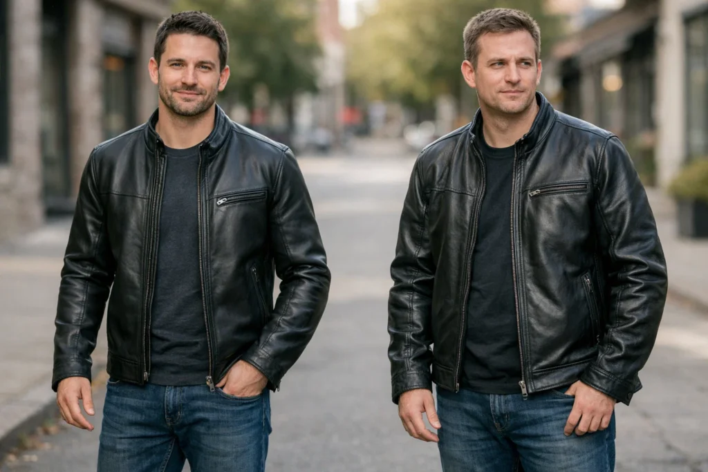 Men wearing black leather jackets standing on a city street