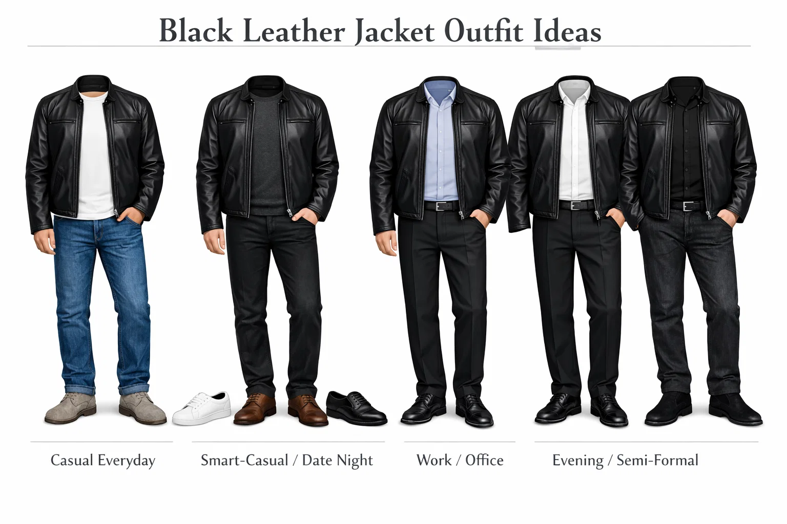 Black leather jacket outfit ideas for casual, work, and evening looks