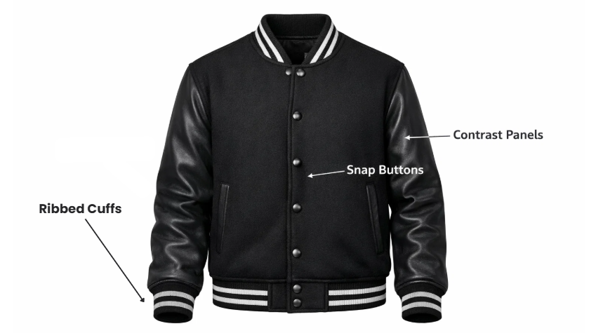 Black varsity jacket with leather sleeves and snap buttons