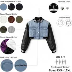 cropped jacket color options and material design chart