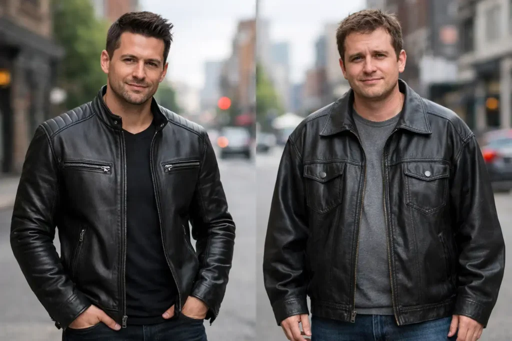 Two men wearing black leather jackets standing on city street
