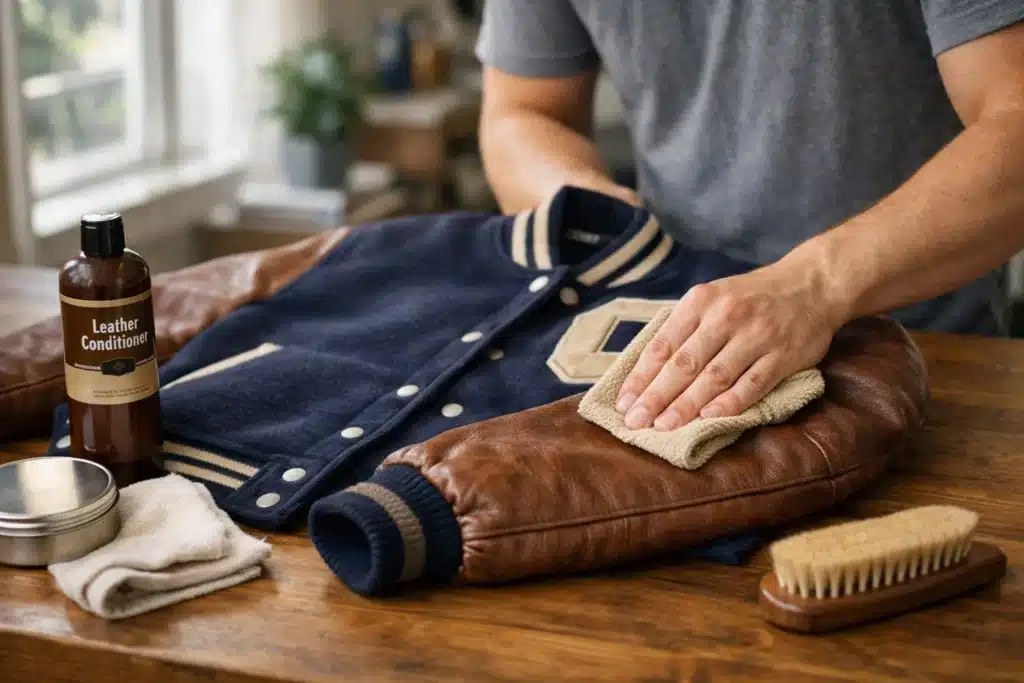 person carefully cleaning a varsity jacket with leather sleeves