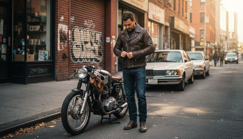 Man wearing cafe racer jacket by motorcycle