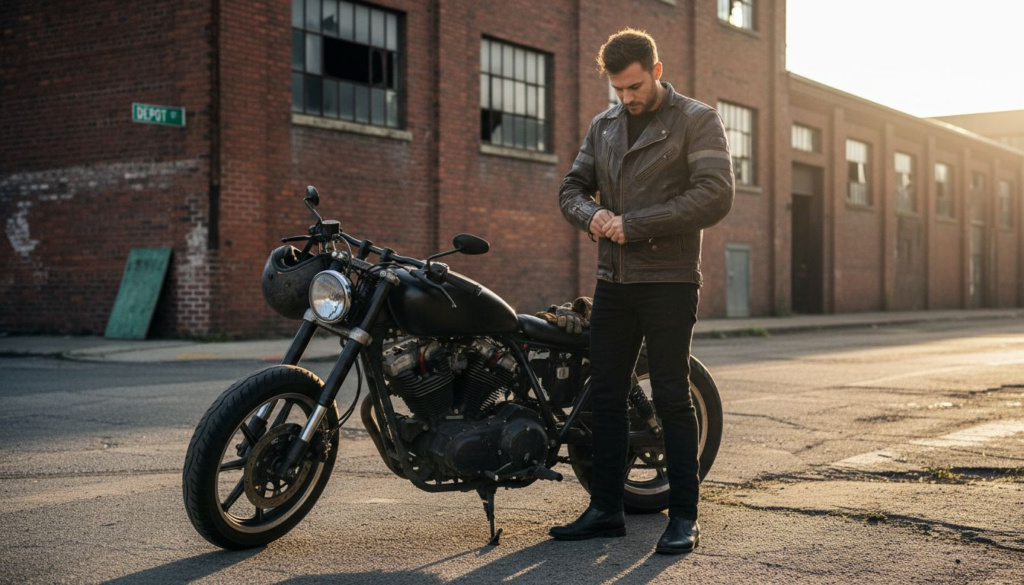 Motorcyclist zipping real leather jacket beside bike