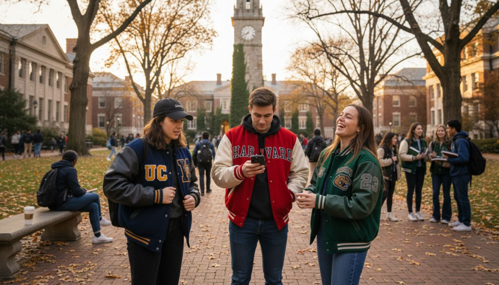 College students in varsity jackets on campus