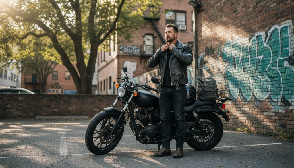 Rider adjusts leather jacket near motorcycle - Benefits of Leather Jackets for Riders