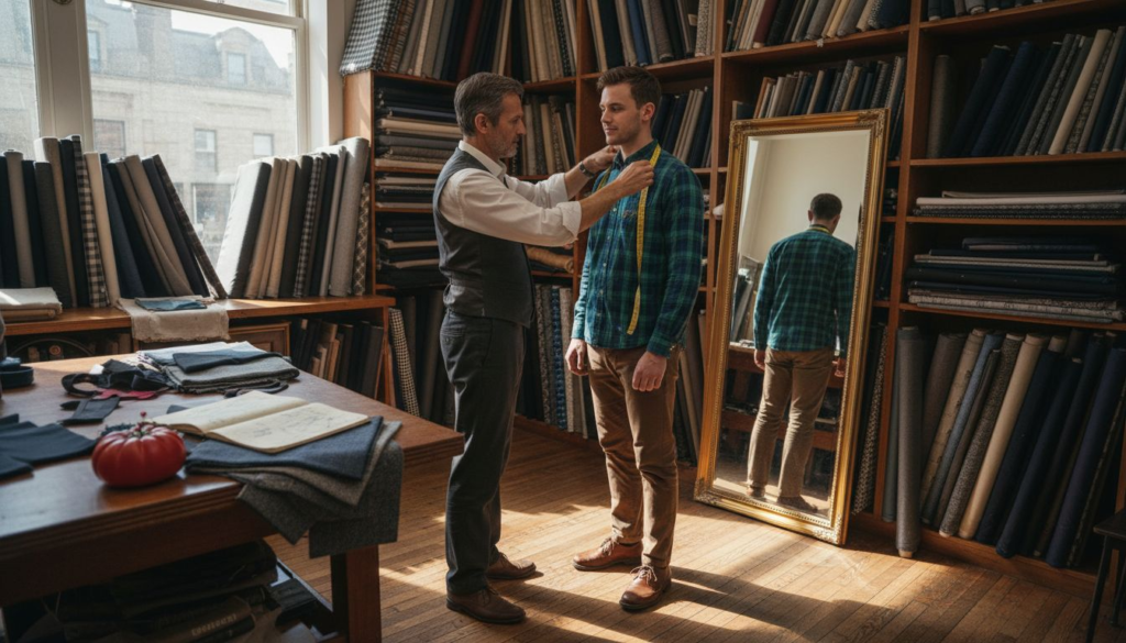Tailor measures customer for custom jacket