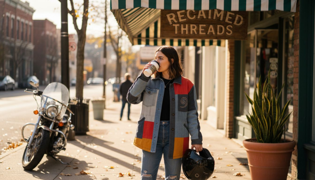 Woman in patchwork jacket outside vintage shop