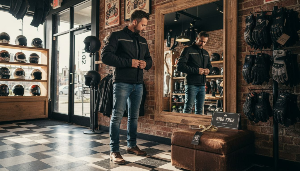 Rider adjusting motorcycle jacket in gear shop