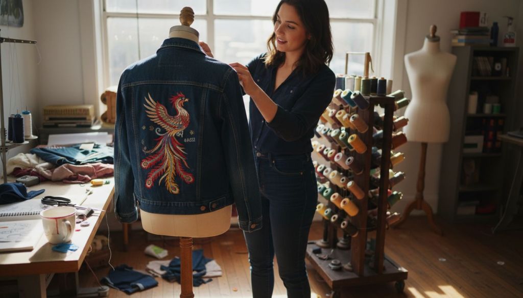 Woman examining embroidered jacket in studio