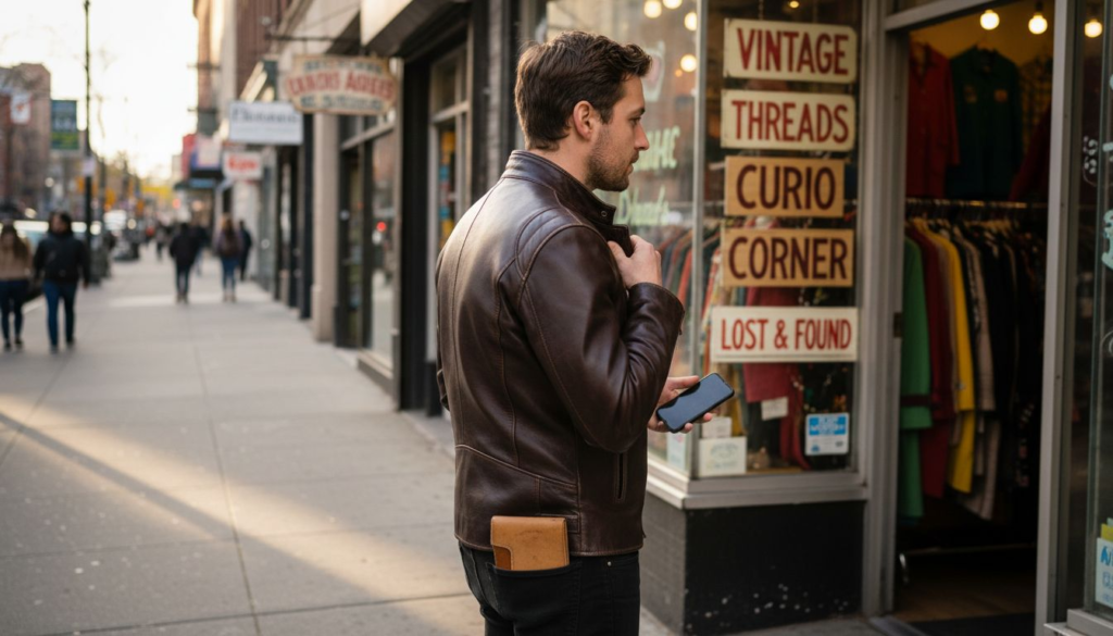 Man adjusting lambskin jacket downtown street