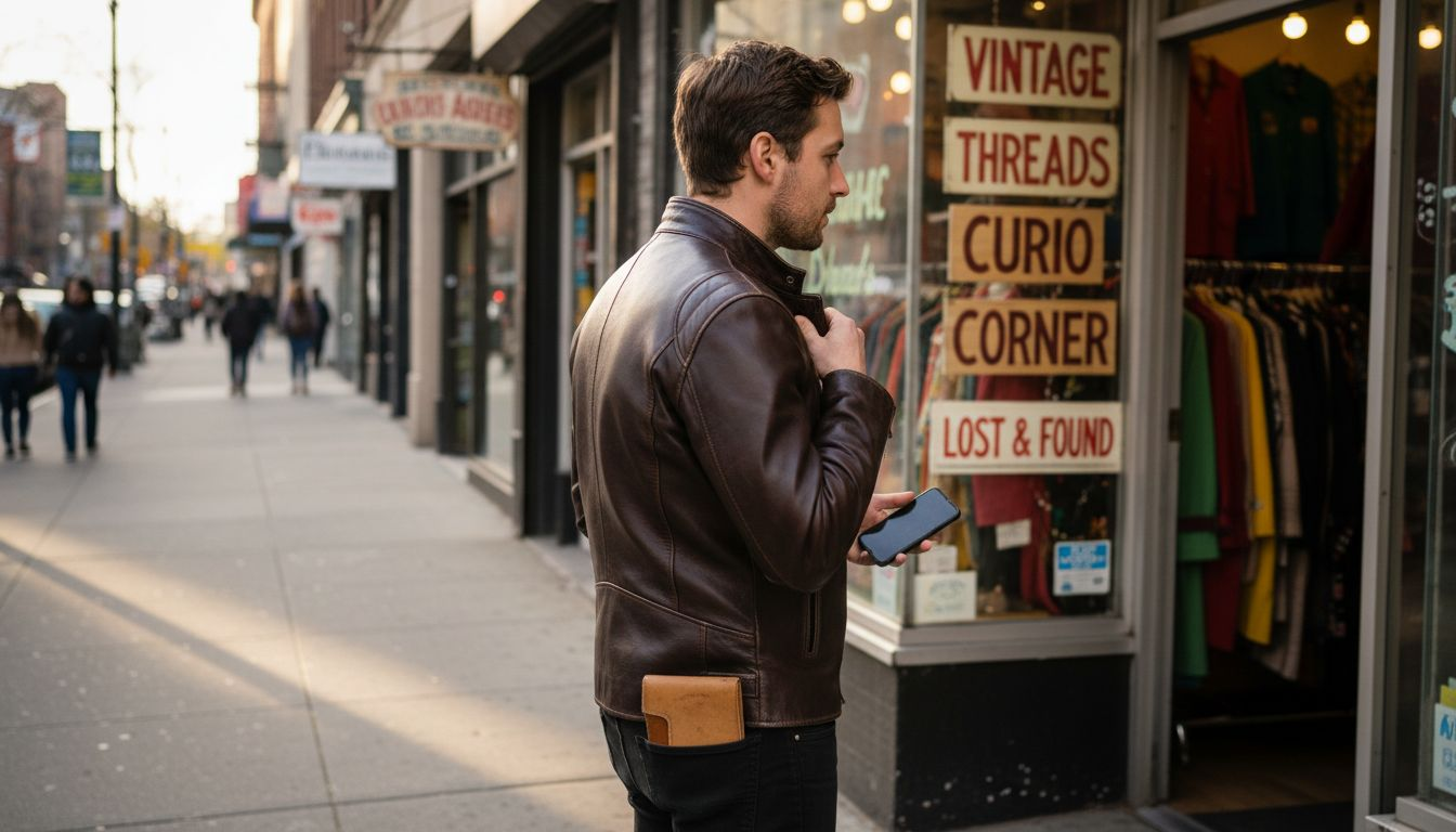 Man adjusting lambskin jacket downtown street