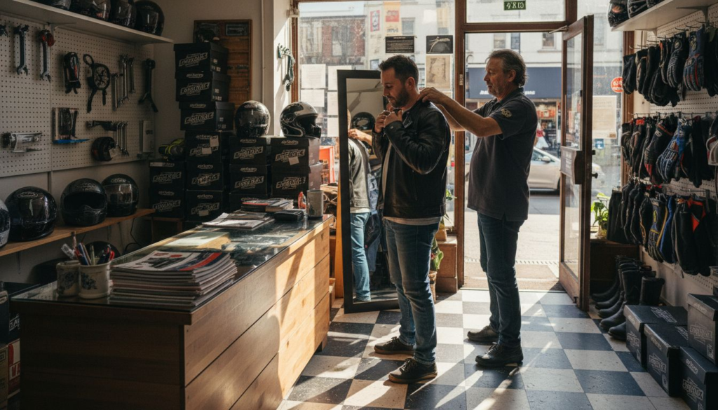 Rider fits leather jacket in urban shop