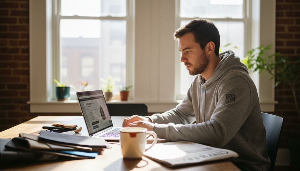 Person browsing custom jacket site at home