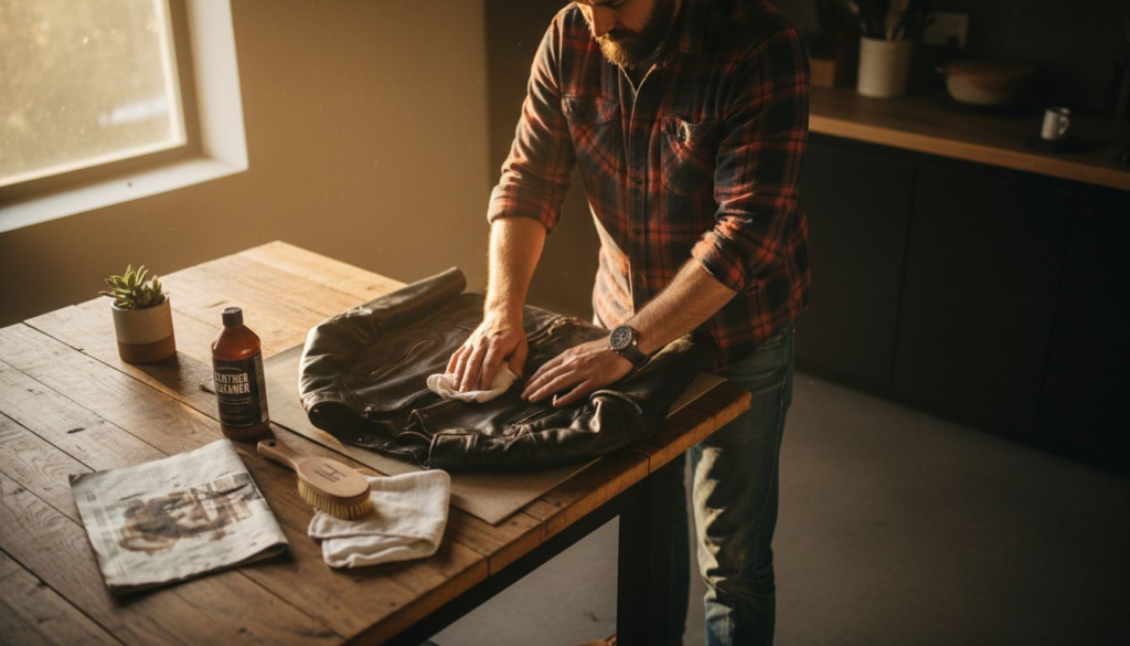 Man preparing leather jacket cleaning supplies