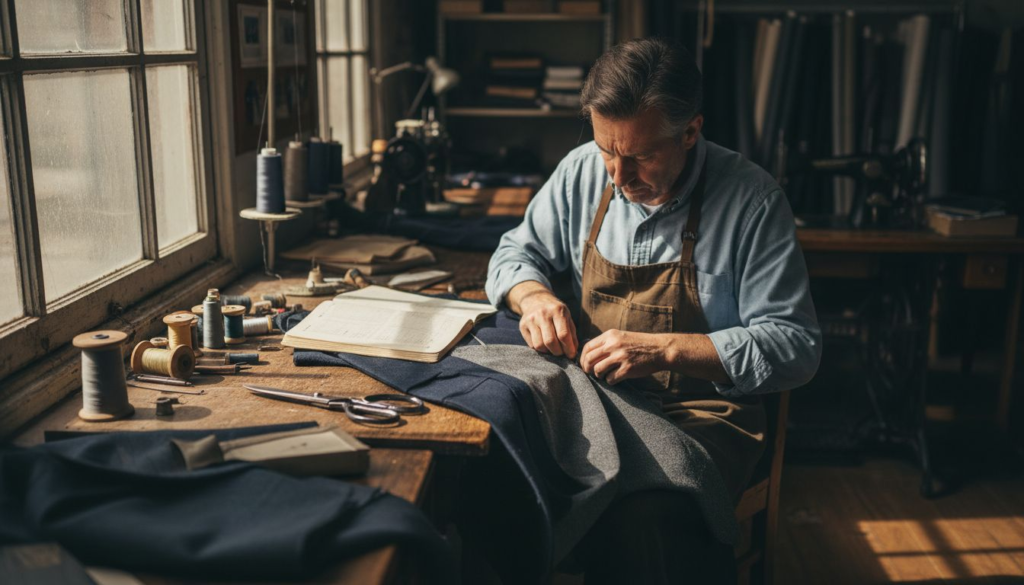 Tailor sewing jacket lining in workshop