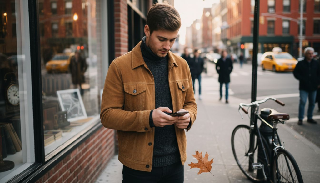 Man wearing tan suede jacket on city street