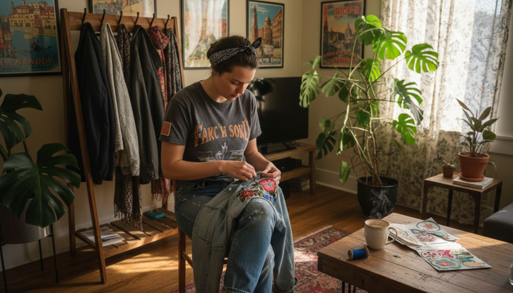 Woman customizing jacket with floral patch