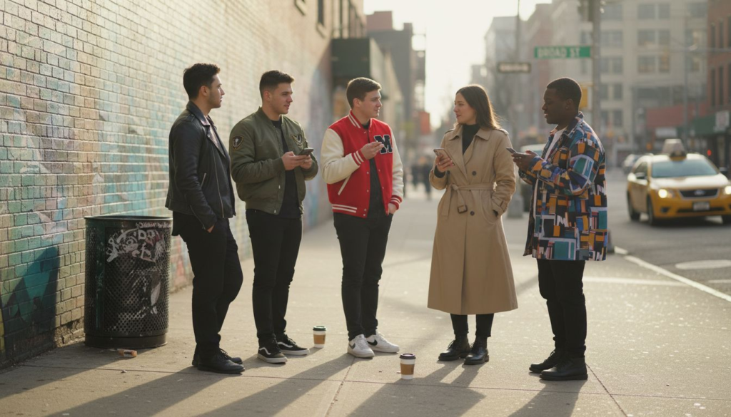 Five people in different jacket styles on city sidewalk
