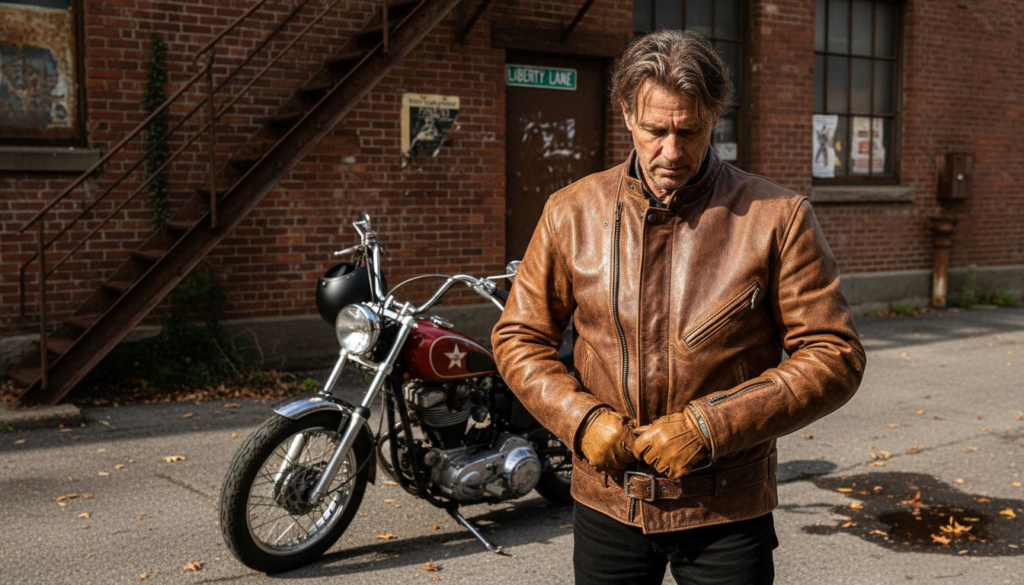 Biker in premium jacket beside motorcycle