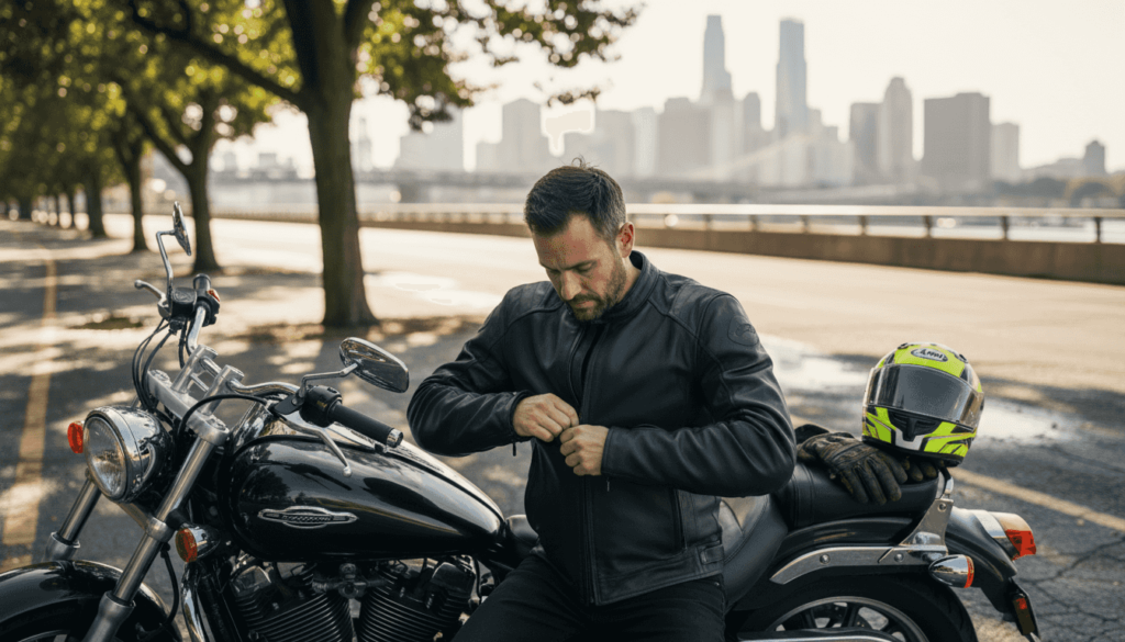 Motorcycle rider fastening leather jacket outdoors
