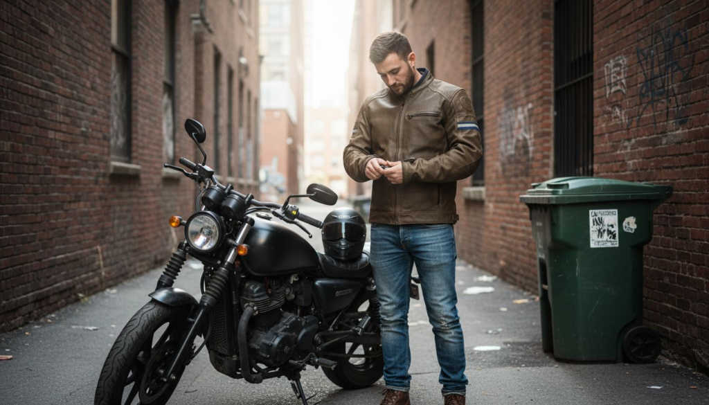 Young rider wearing motorcycle jacket in alley
