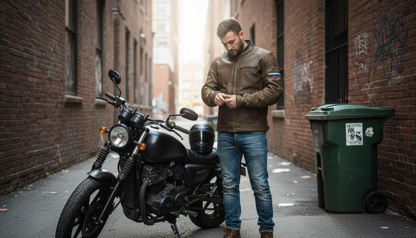 Young rider wearing motorcycle jacket in alley