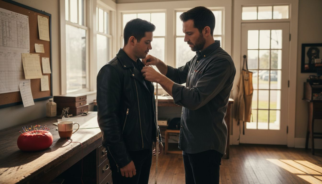 Tailor fitting jacket in cozy studio