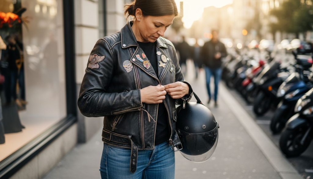 Woman styling leather jacket with accessories