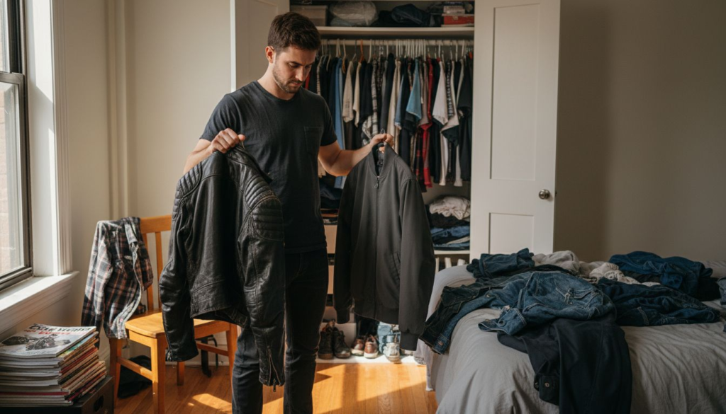 Man comparing jacket styles in bedroom