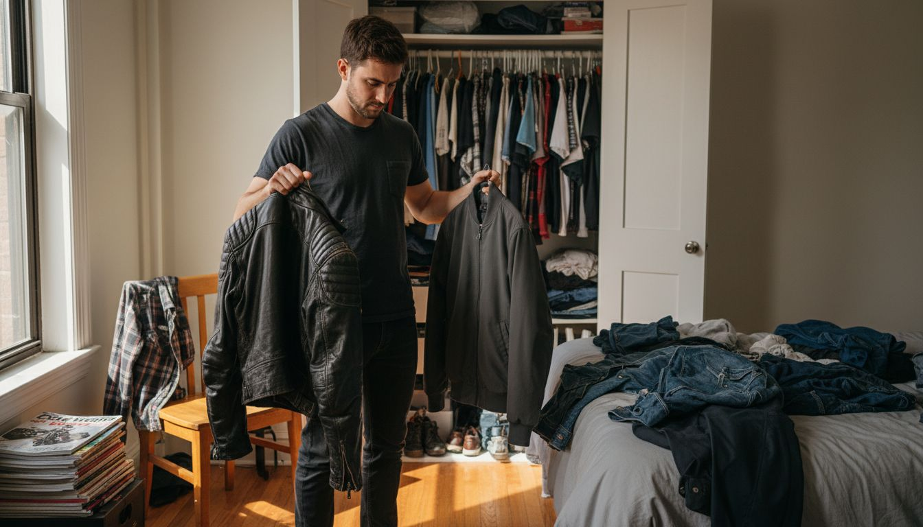 Man comparing jacket styles in bedroom